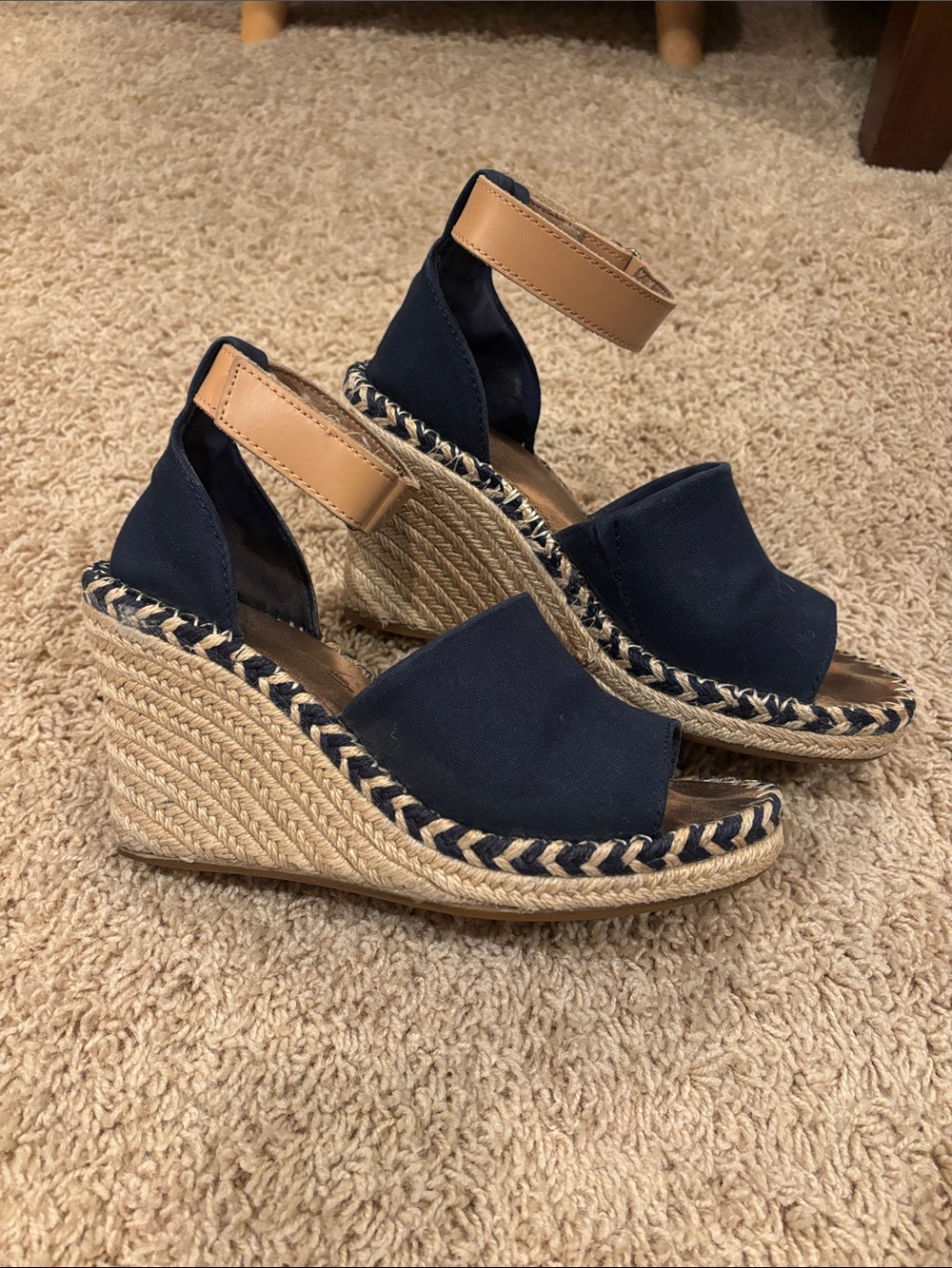 Toms Marisol Wedge Espadrille Sandals in Navy with Tan Ankle Strap